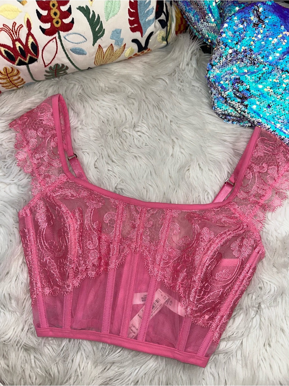 VS • Dream Angels Boho Floral Embroidery Lace Cap Sleeve Corset Bra Top